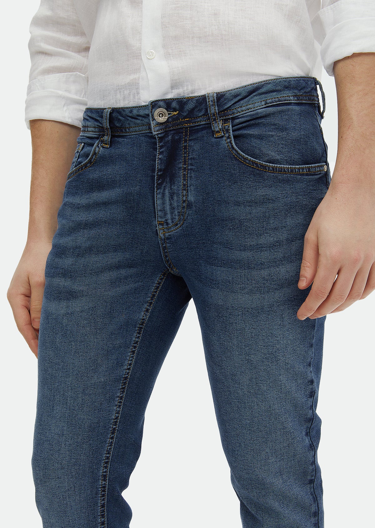 İndigo Düz Slim Fit Denim Pamuk Karışımlı Pantolon