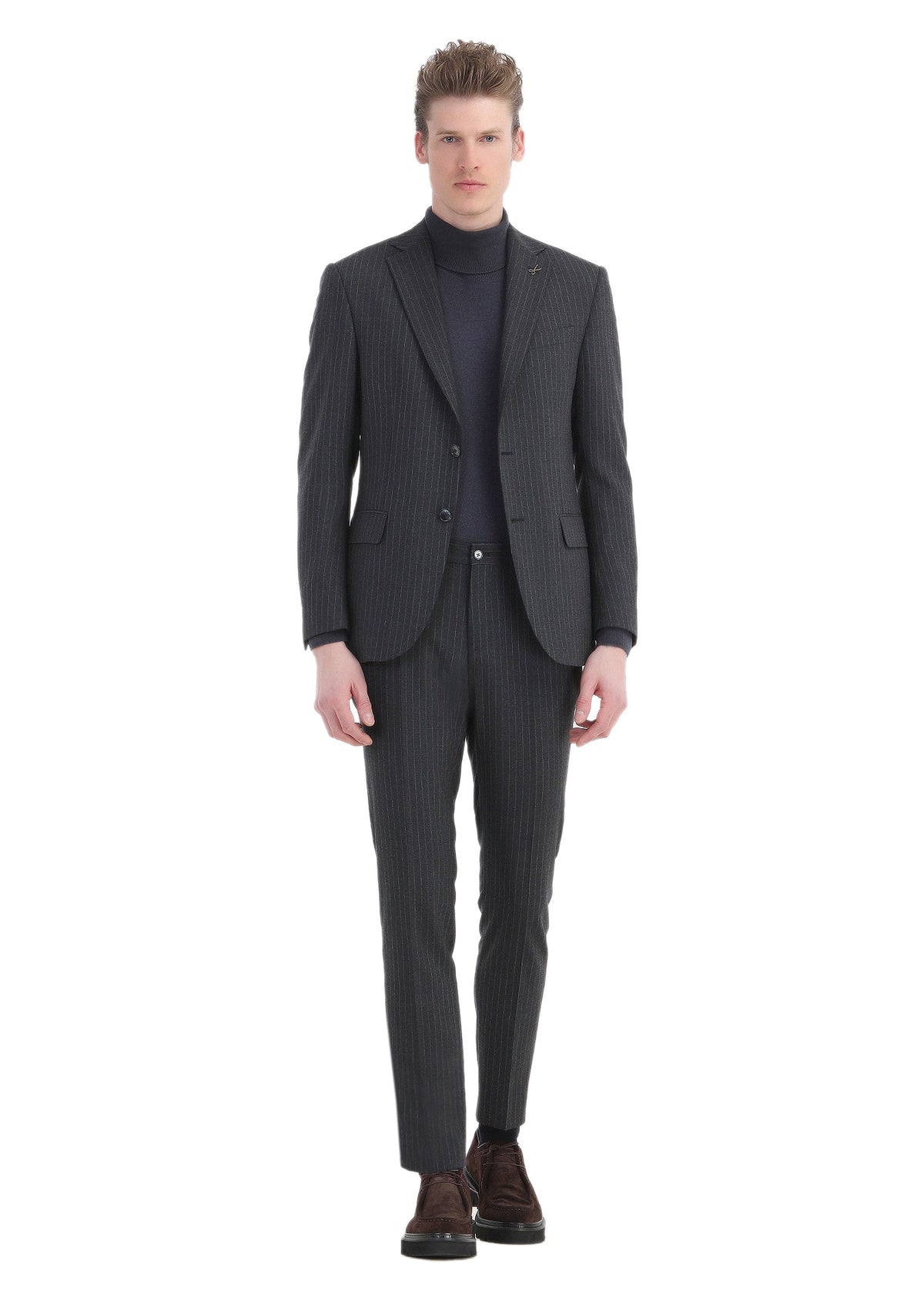 Antrasit Çizgili Modern Fit Yün Karışımlı Takım Elbise