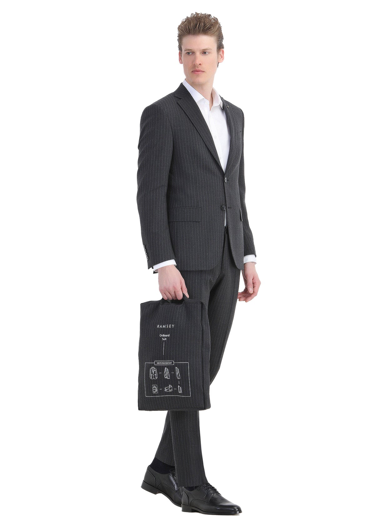 Antrasit Çizgili Modern Fit Yün Karışımlı Takım Elbise