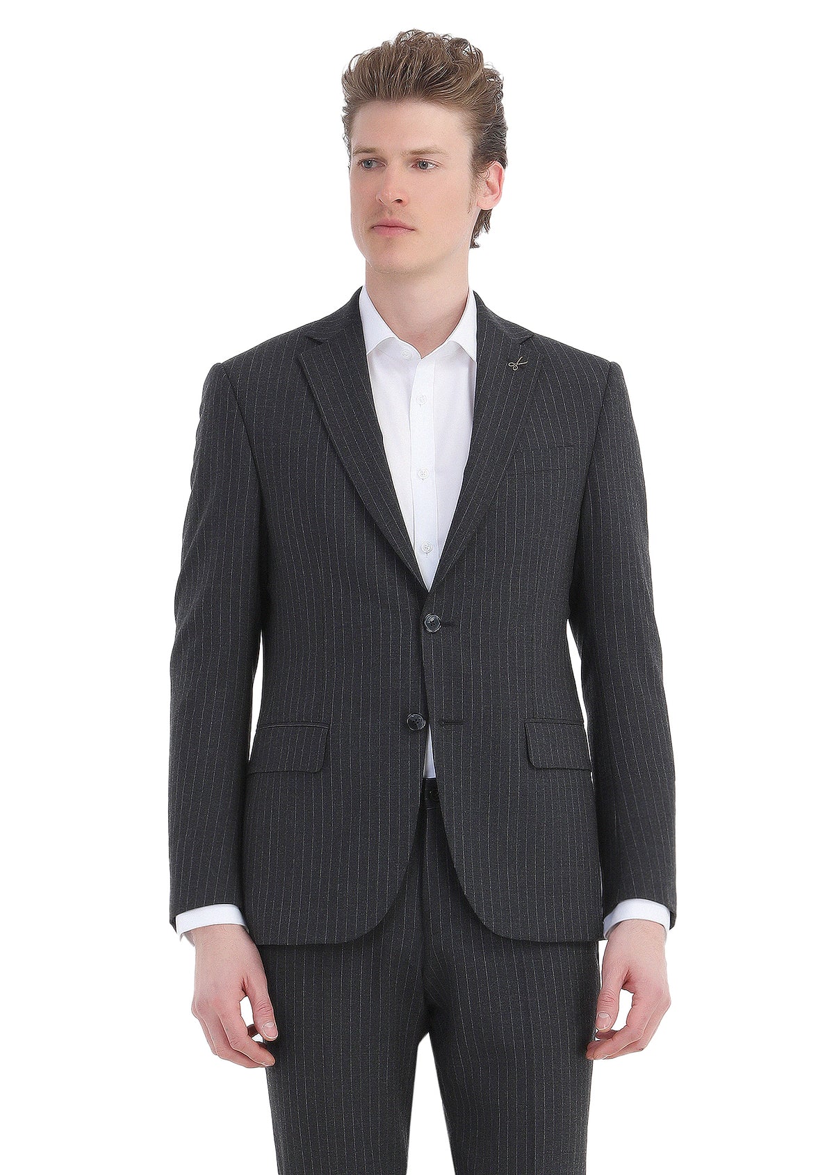 Antrasit Çizgili Modern Fit Yün Karışımlı Takım Elbise