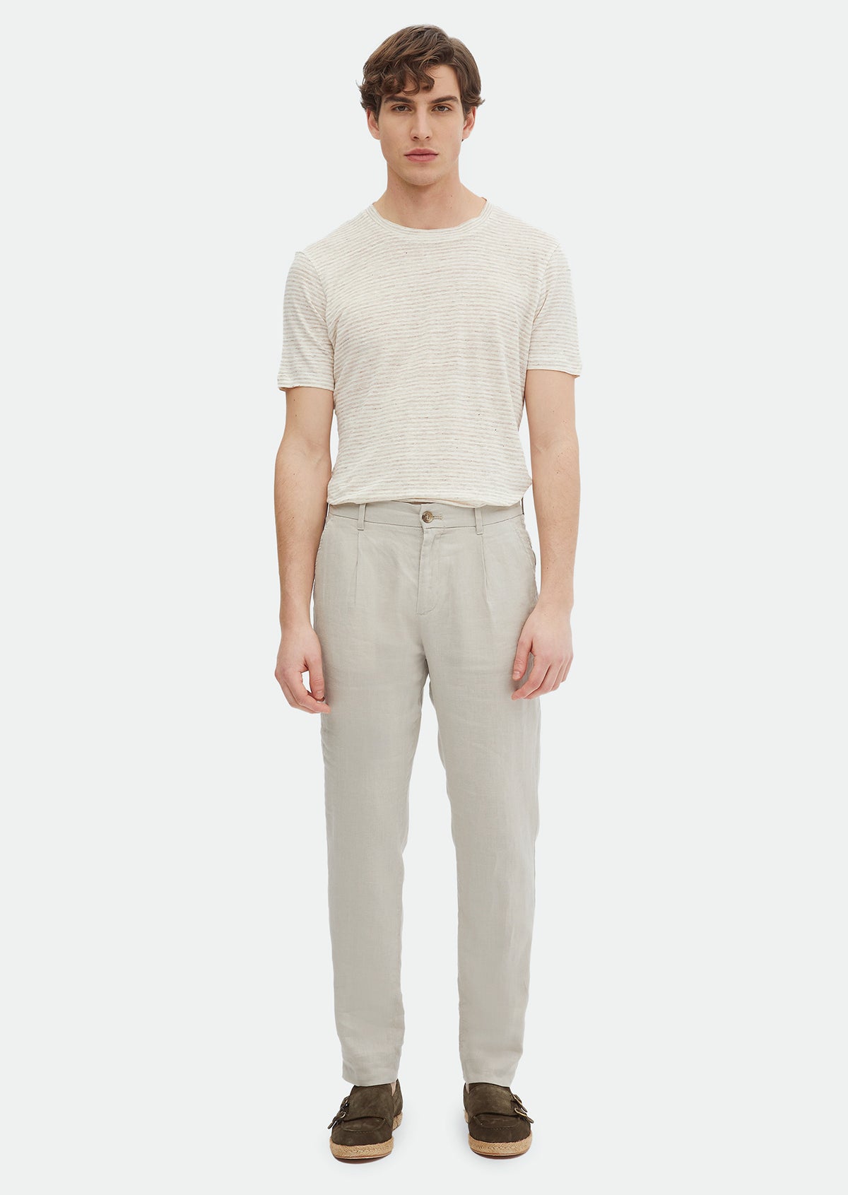 Bej Düz Dokuma Jogging Fit Casual %100 Keten Pantolon
