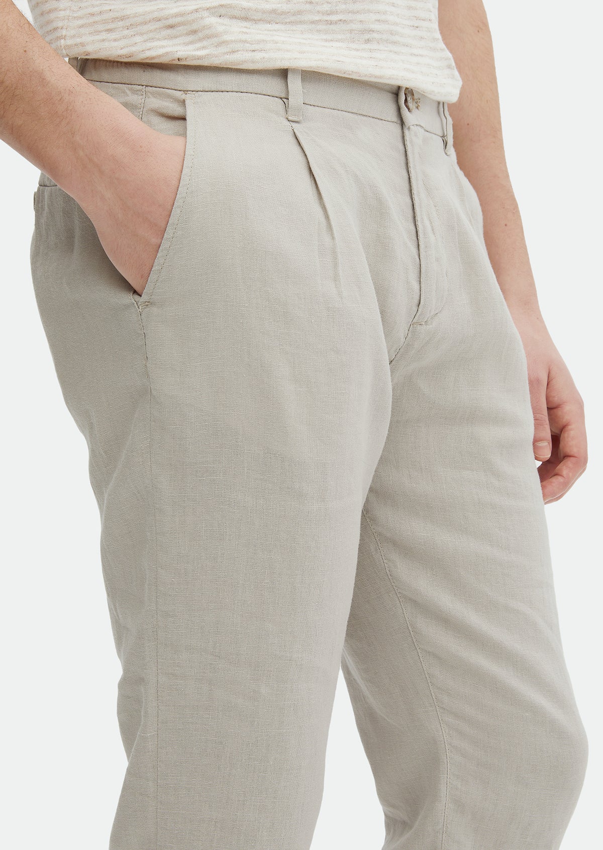 Bej Düz Dokuma Jogging Fit Casual %100 Keten Pantolon