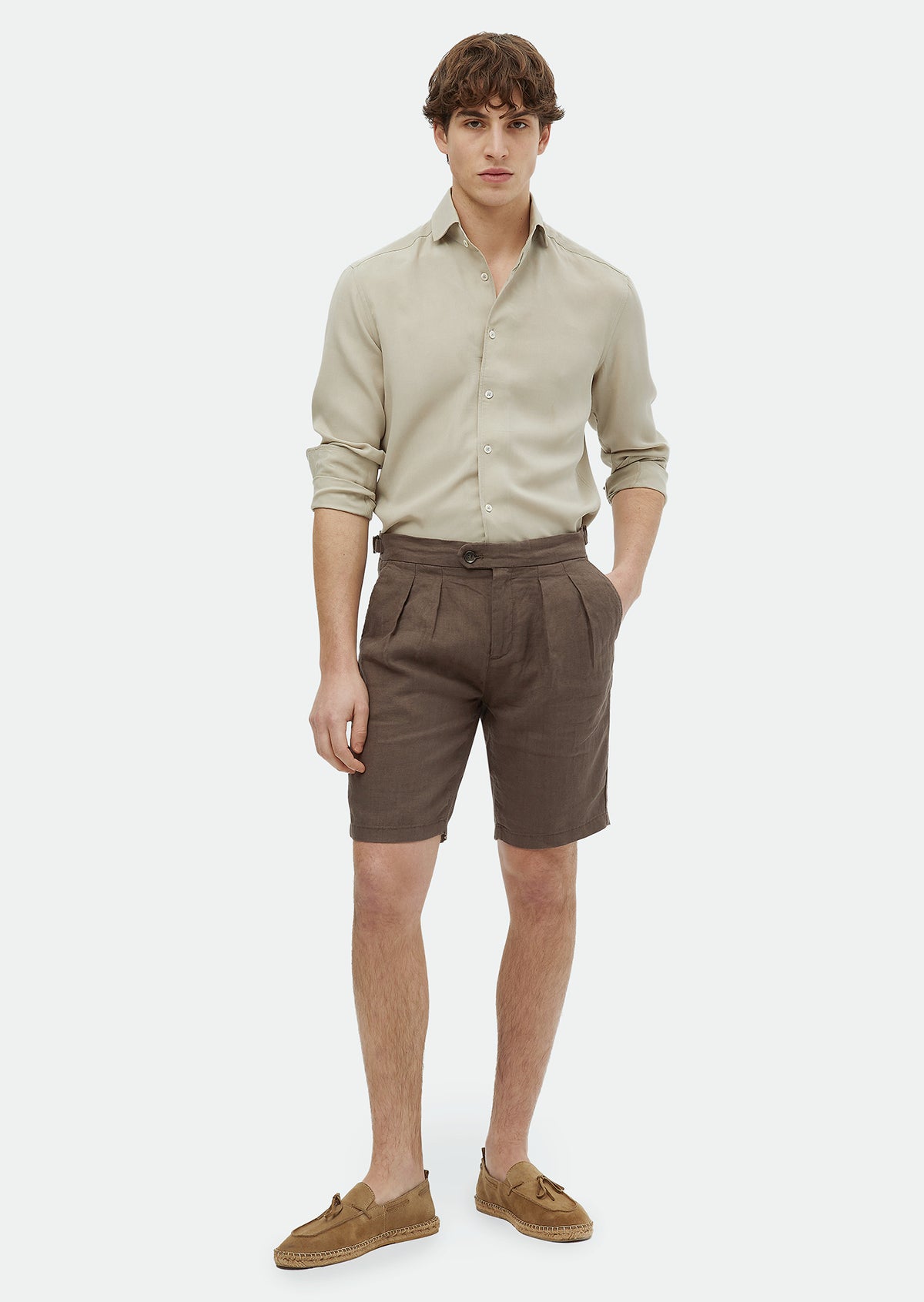 Kahverengi Düz Dokuma Carrot Fit Casual %100 Keten Bermuda