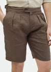 Kahverengi Düz Dokuma Carrot Fit Casual %100 Keten Bermuda