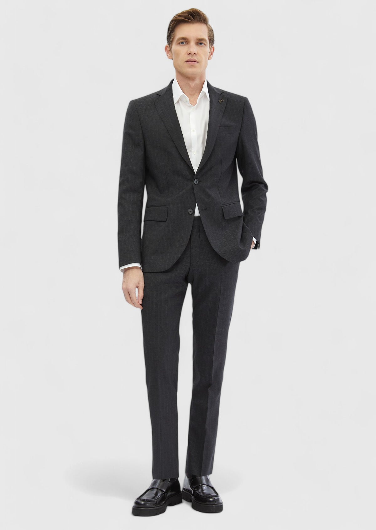 Antrasit Çizgili Modern Fit %100 Yün Takım Elbise