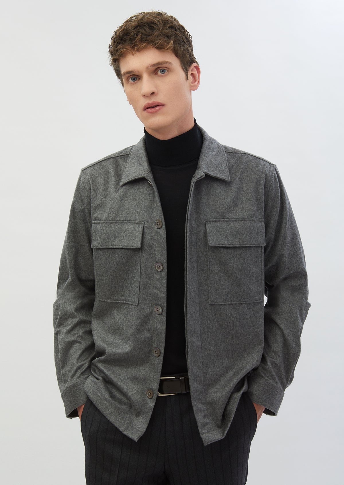 Gri Düz Regular Fit Uzun Dokuma %100 Kaşmir Overshirt