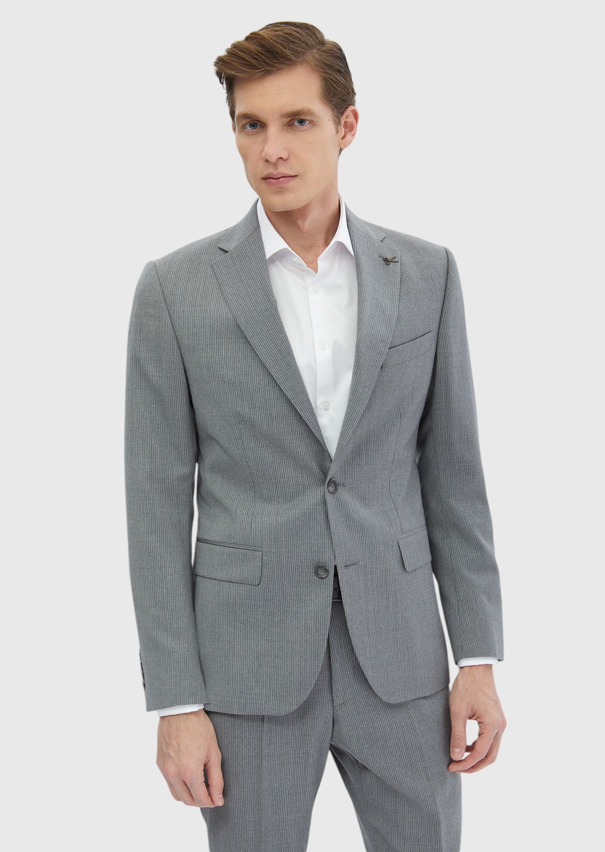 Gri Çizgili Zeroweight Slim Fit %100 Yün Takım Elbise