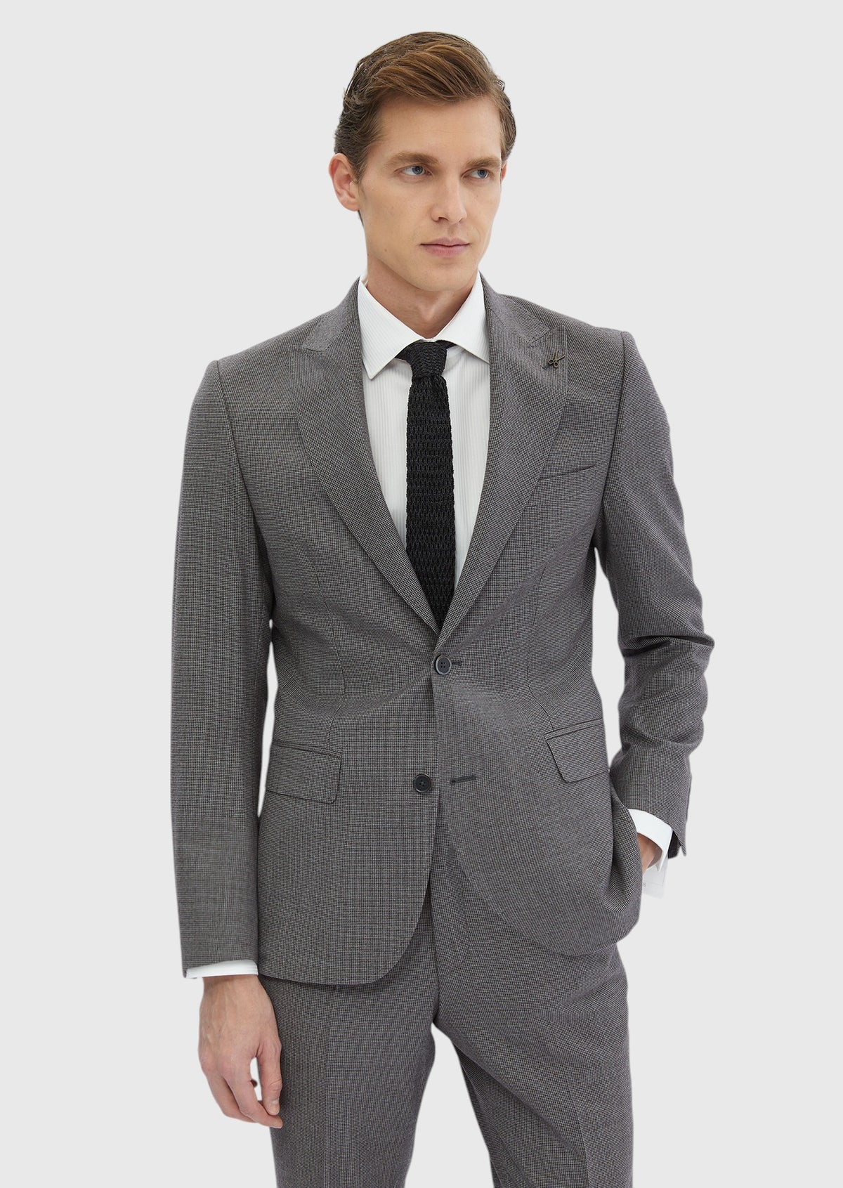 Grey Patterned Zeroweight Slim Fit Wool Blended Suit
