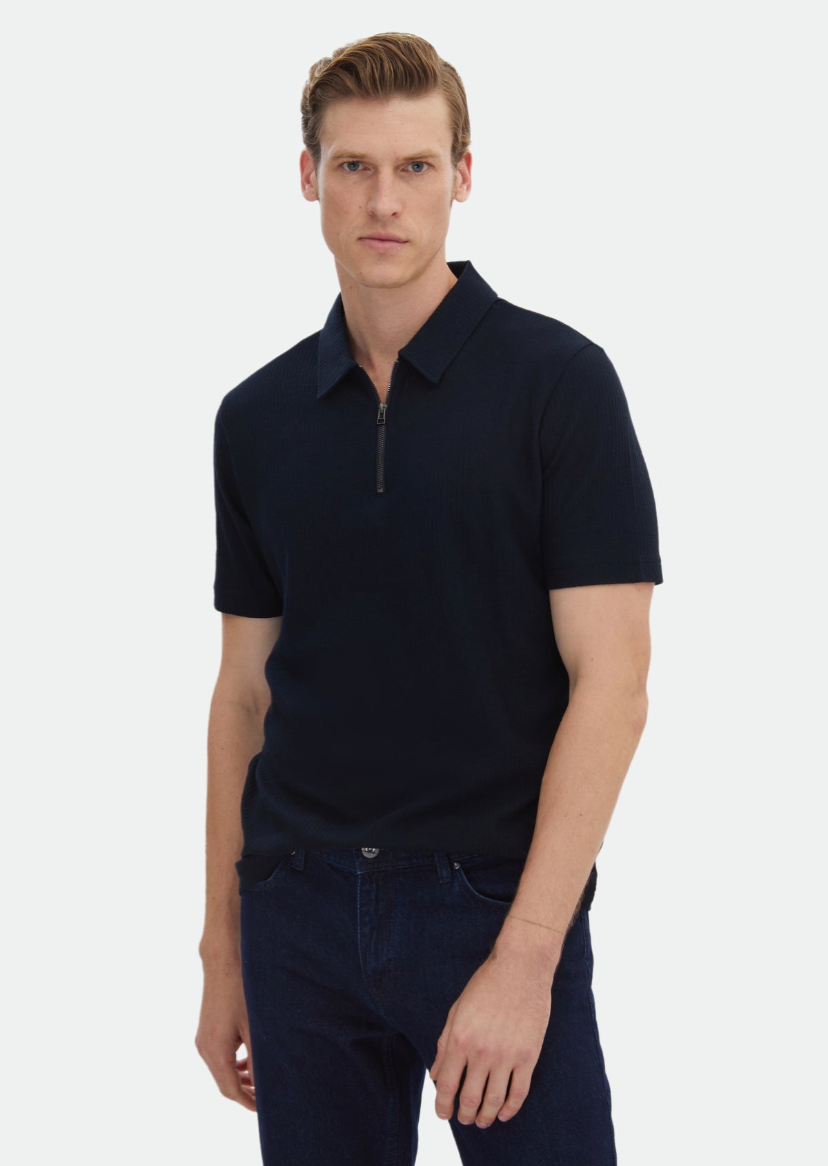 Lacivert Jakarlı Polo Yaka %100 Pamuk T-Shirt