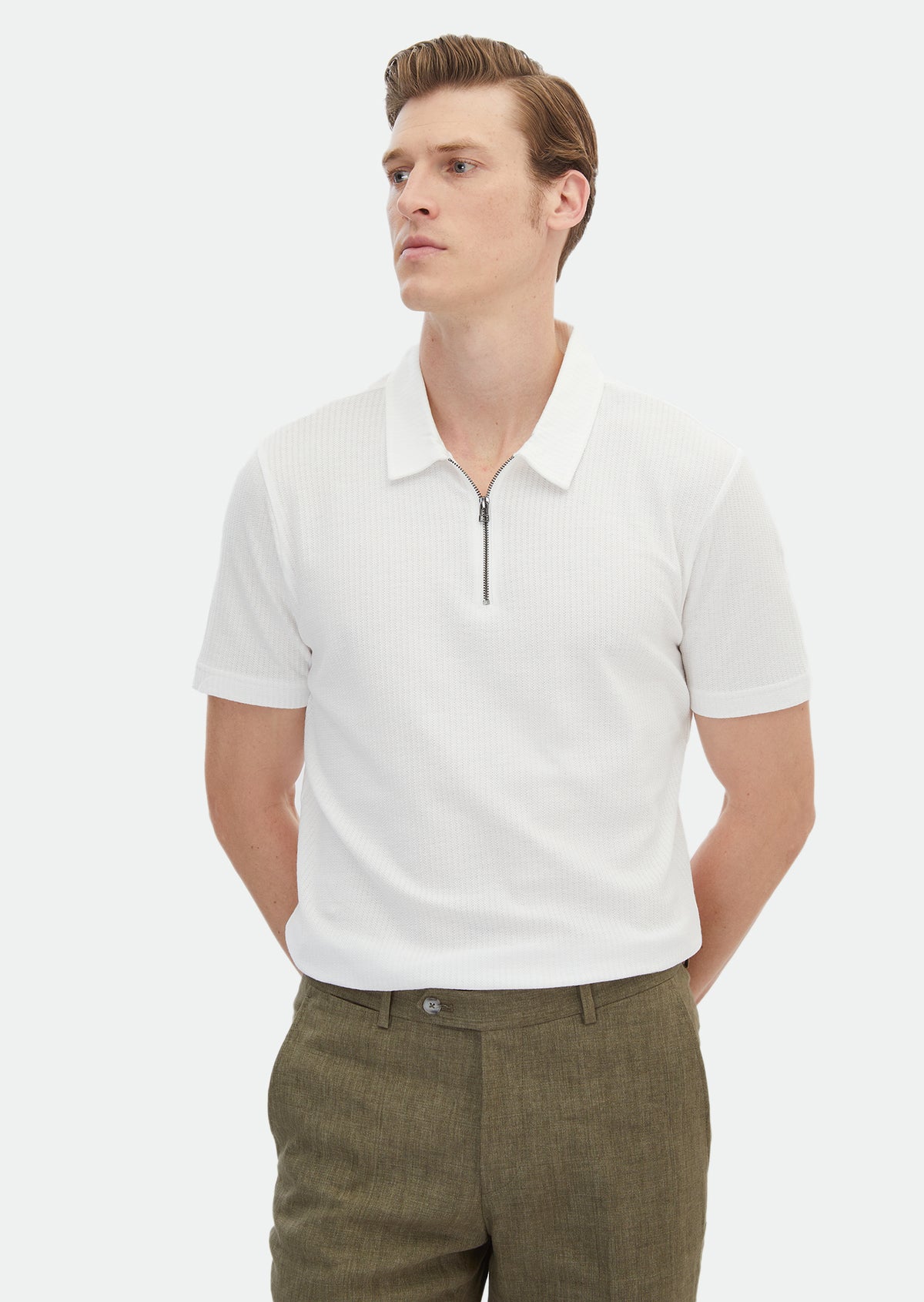 Ekru Jakarlı Polo Yaka %100 Pamuk T-Shirt