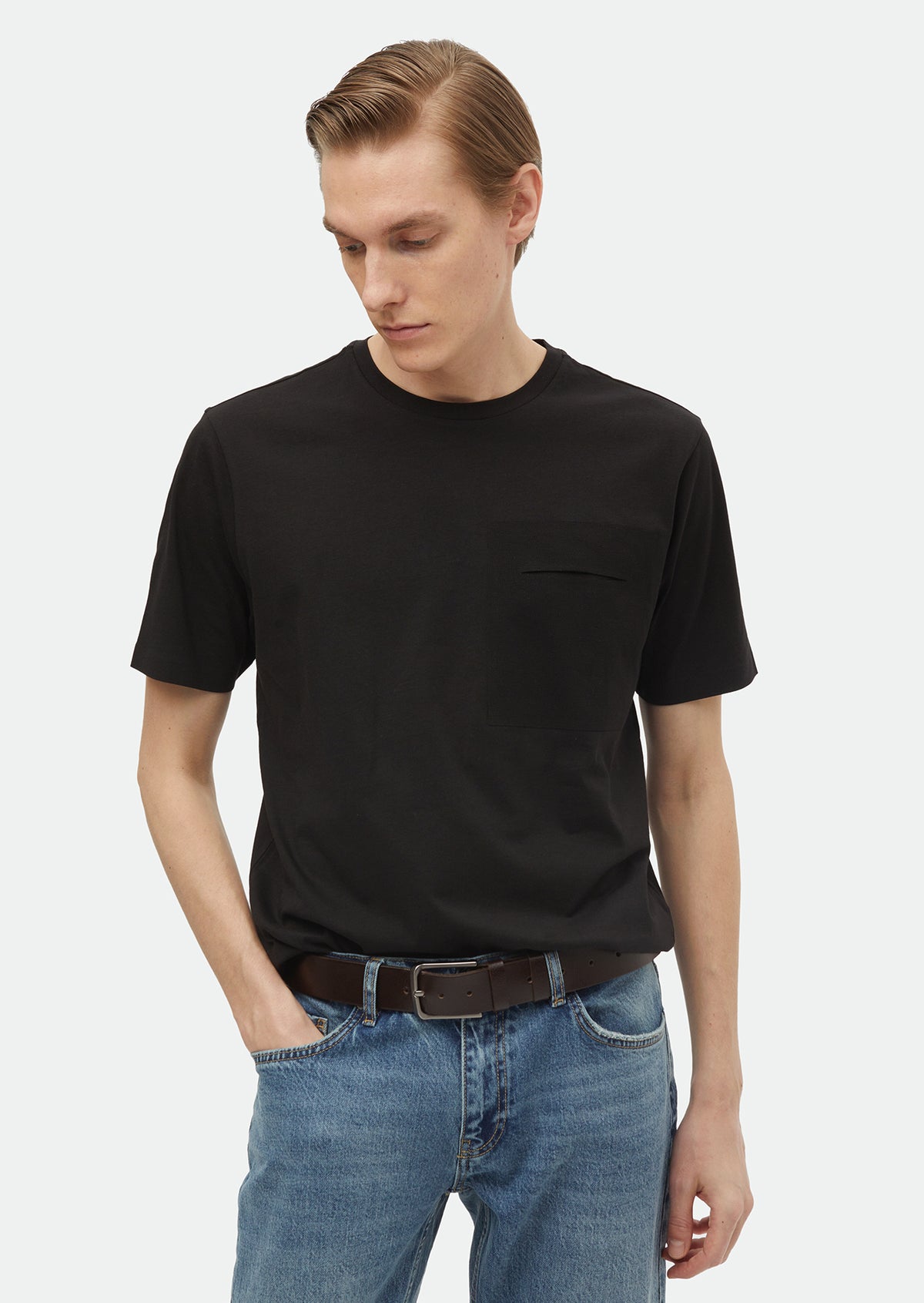 Siyah Düz Bisiklet Yaka %100 Pamuk T-Shirt
