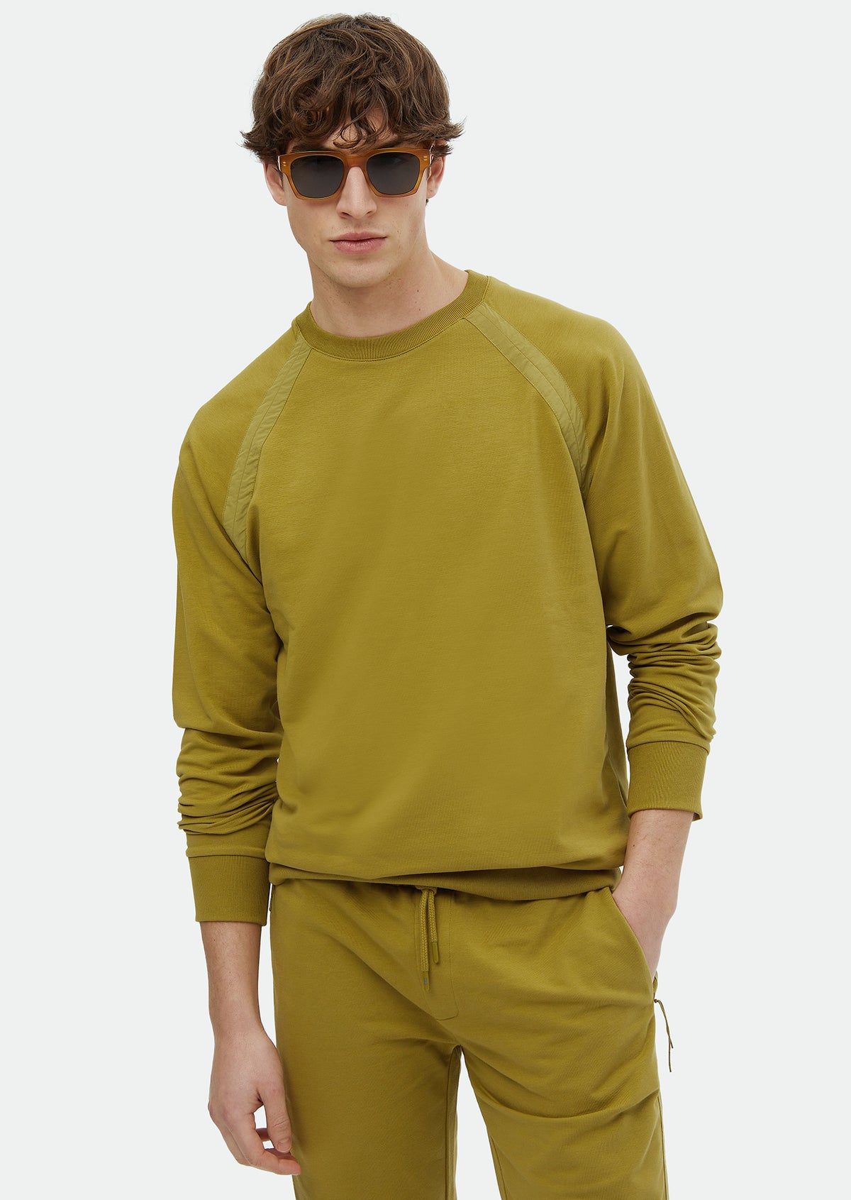 Yağ Yeşili Bisiklet Yaka Düz Sweatshirt