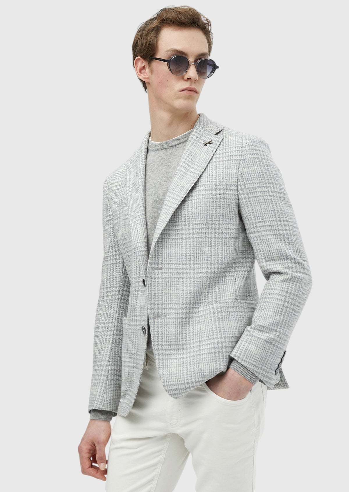 Açık Gri Kareli Shirt Shoulder Slim Fit Yün Karışımlı Ceket