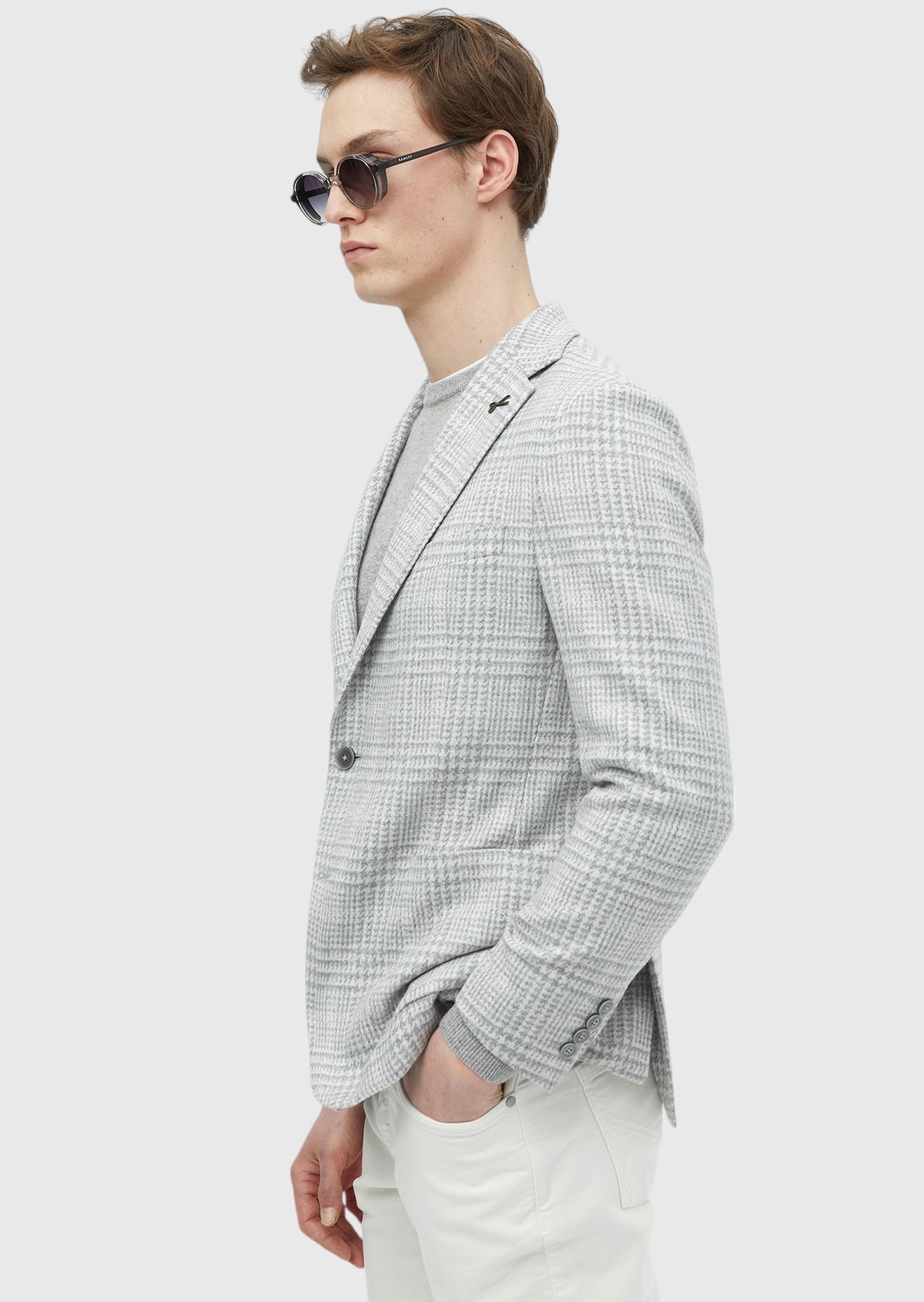 Açık Gri Kareli Shirt Shoulder Slim Fit Yün Karışımlı Ceket