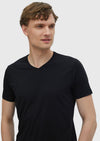 Siyah Düz V Yaka Pamuk Karışımlı T-Shirt