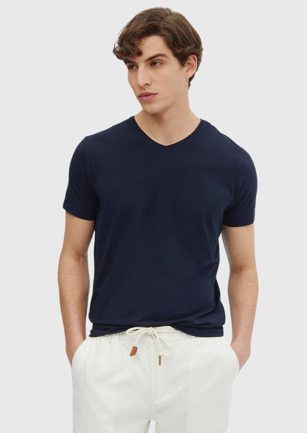 Navy Blue Plain V-Neck Cotton Blended T-Shirt