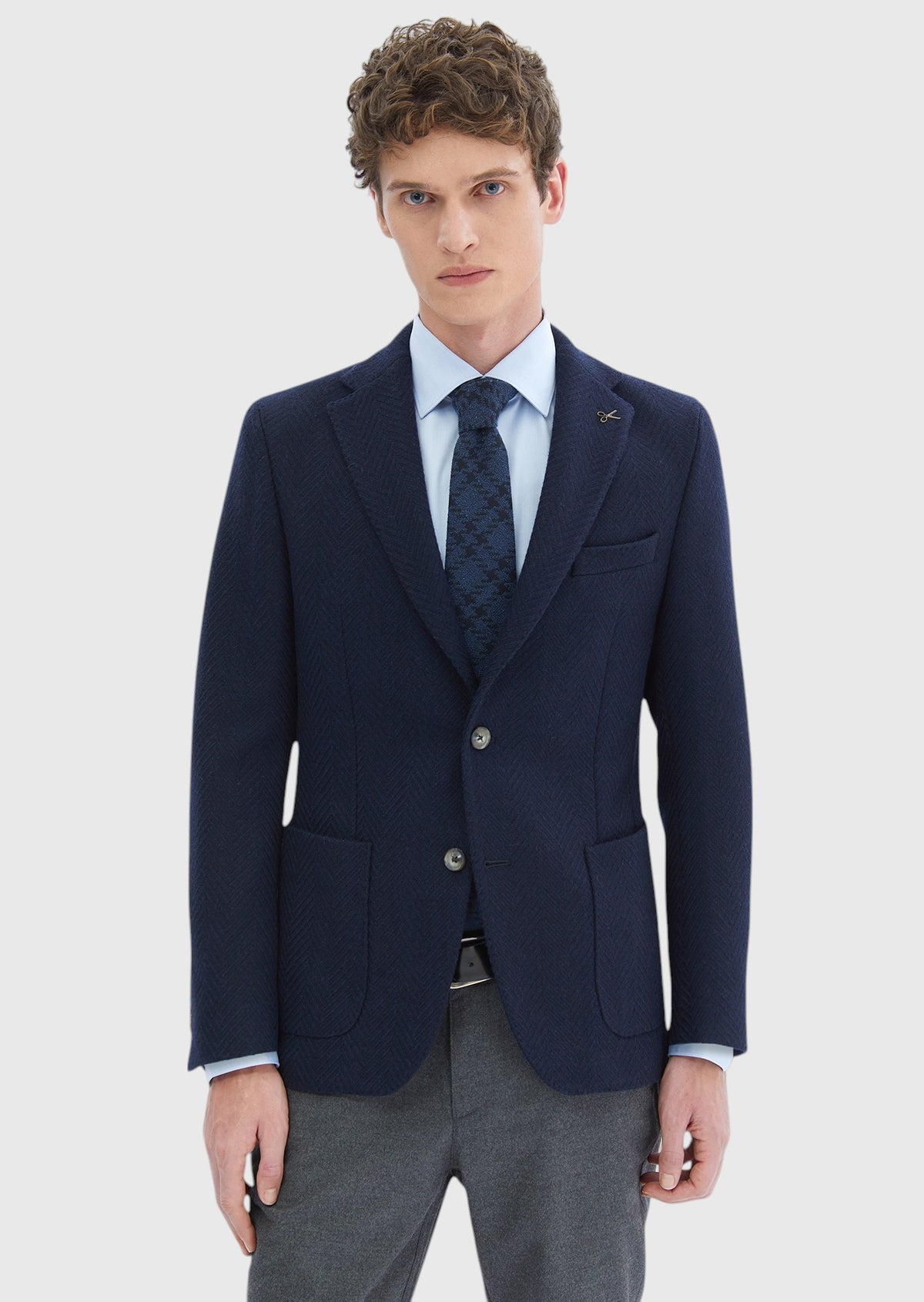 Lacivert Desenli Shirt Shoulder Slim Fit Yün Karışımlı Örme Ceket