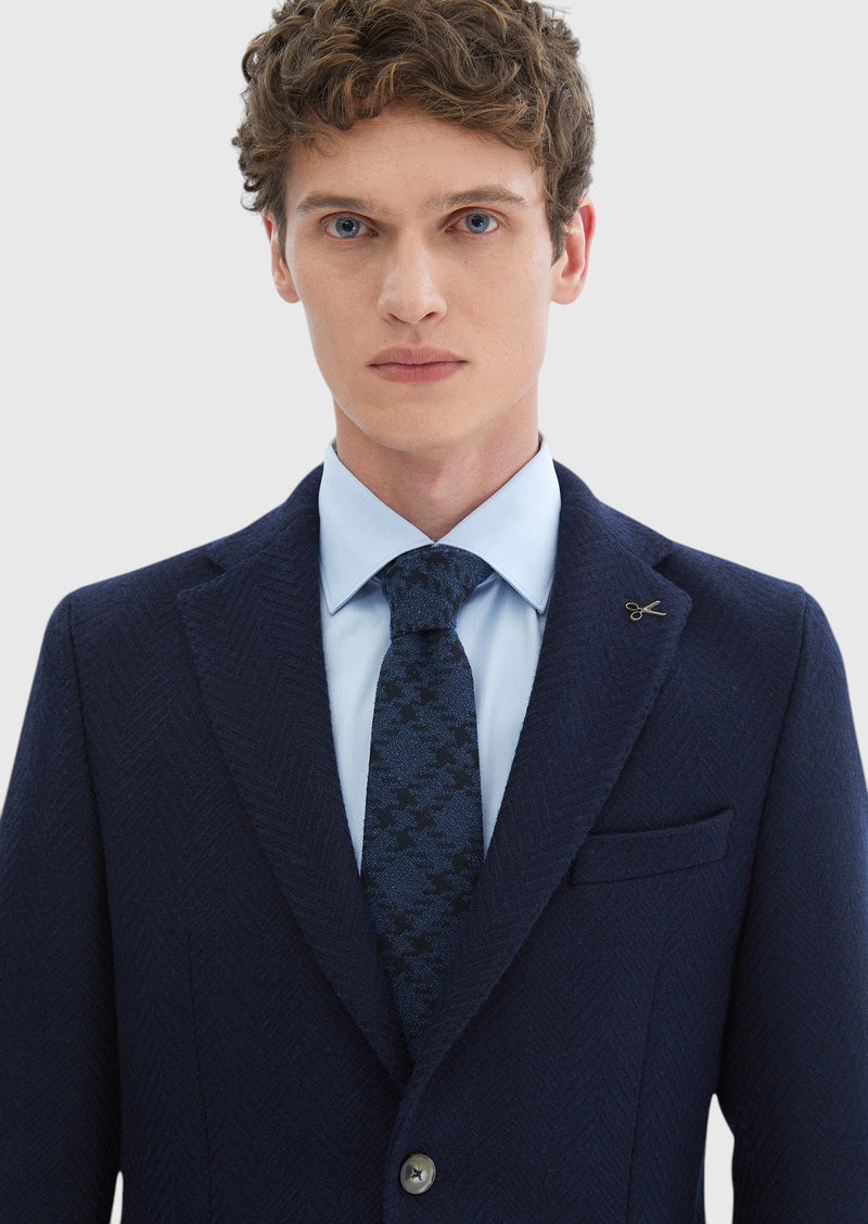 Lacivert Desenli Shirt Shoulder Slim Fit Yün Karışımlı Örme Ceket