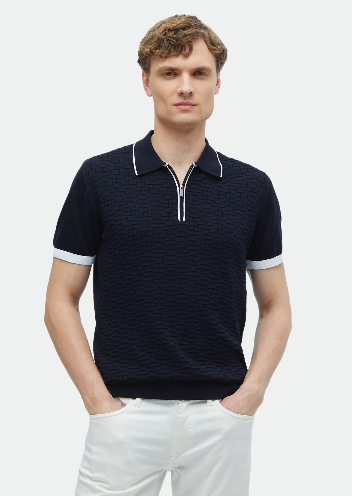 Lacivert Polo Yaka Jakarlı %100 Pamuk Triko