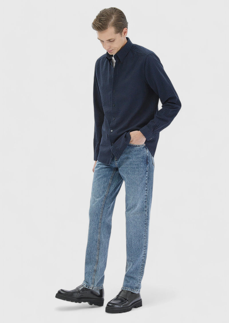Lacivert Çizgili Casual Fit Uzun Dokuma Casual %100 Pamuk Gömlek