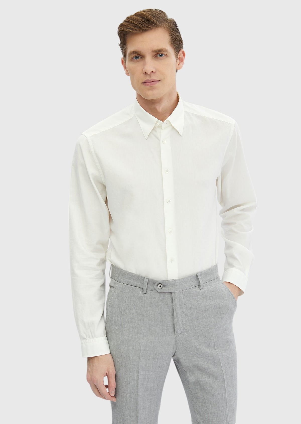 Ekru Düz Casual Fit Uzun Dokuma Casual Pamuk Karışımlı Gömlek