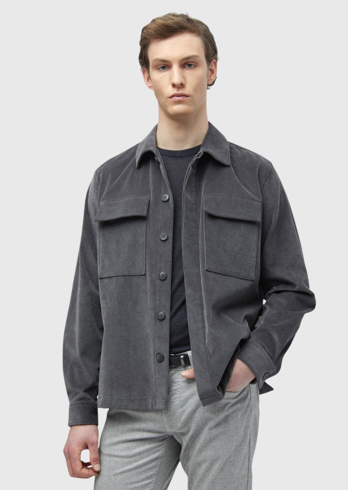 Koyu Gri Düz Casual Fit Uzun Dokuma Kadife %100 Pamuk Overshirt