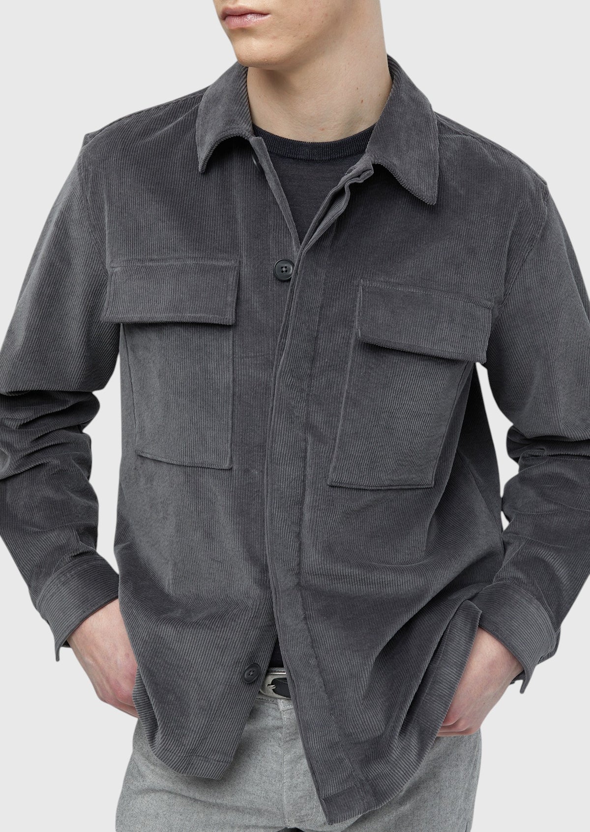 Koyu Gri Düz Casual Fit Uzun Dokuma Kadife %100 Pamuk Overshırt