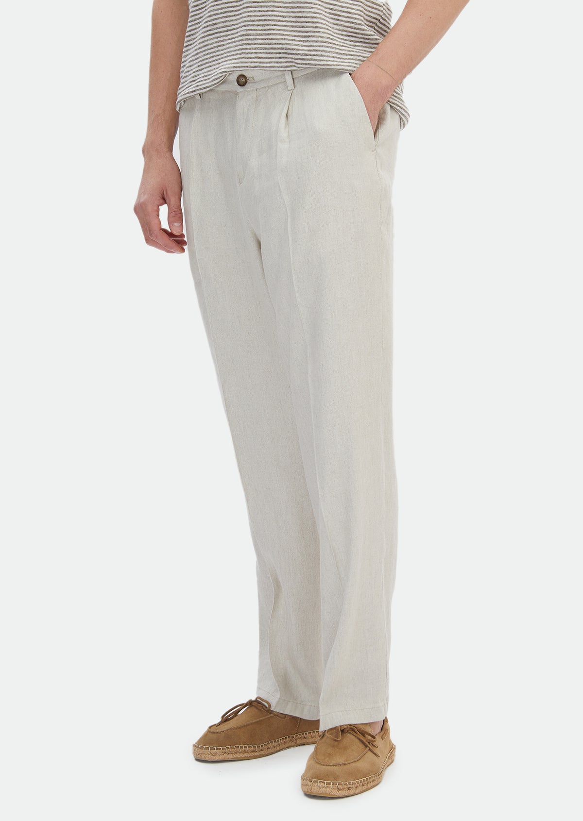 Bej Desenli Dokuma Oversize Fit Casual Keten Karışımlı Pantolon