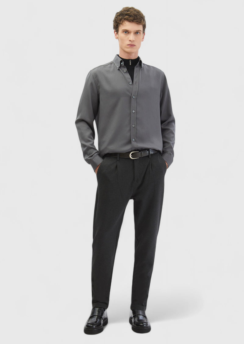 Gri Düz Casual Fit Uzun Dokuma Casual Gömlek