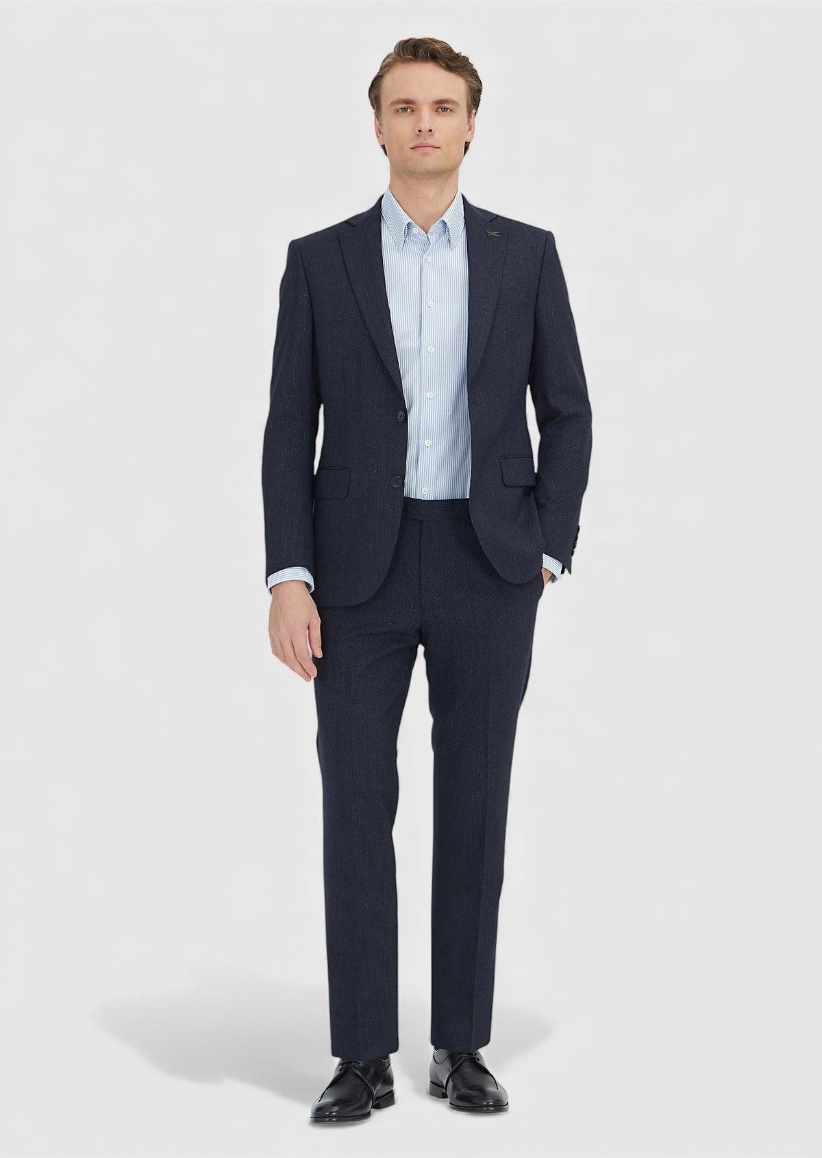 Lacivert Desenli Modern Fit Yün Karışımlı Takım Elbise