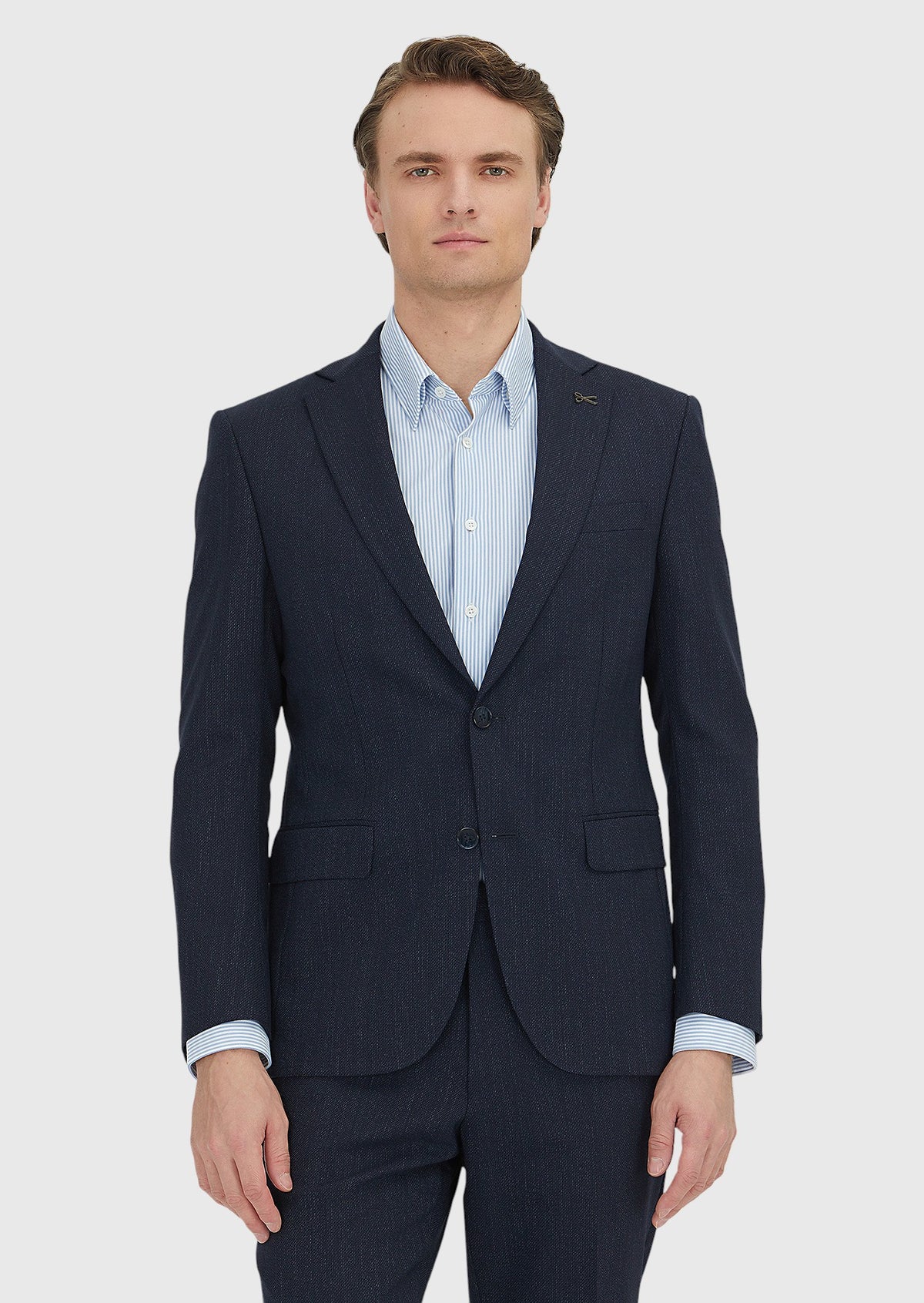 Lacivert Desenli Modern Fit Yün Karışımlı Takım Elbise