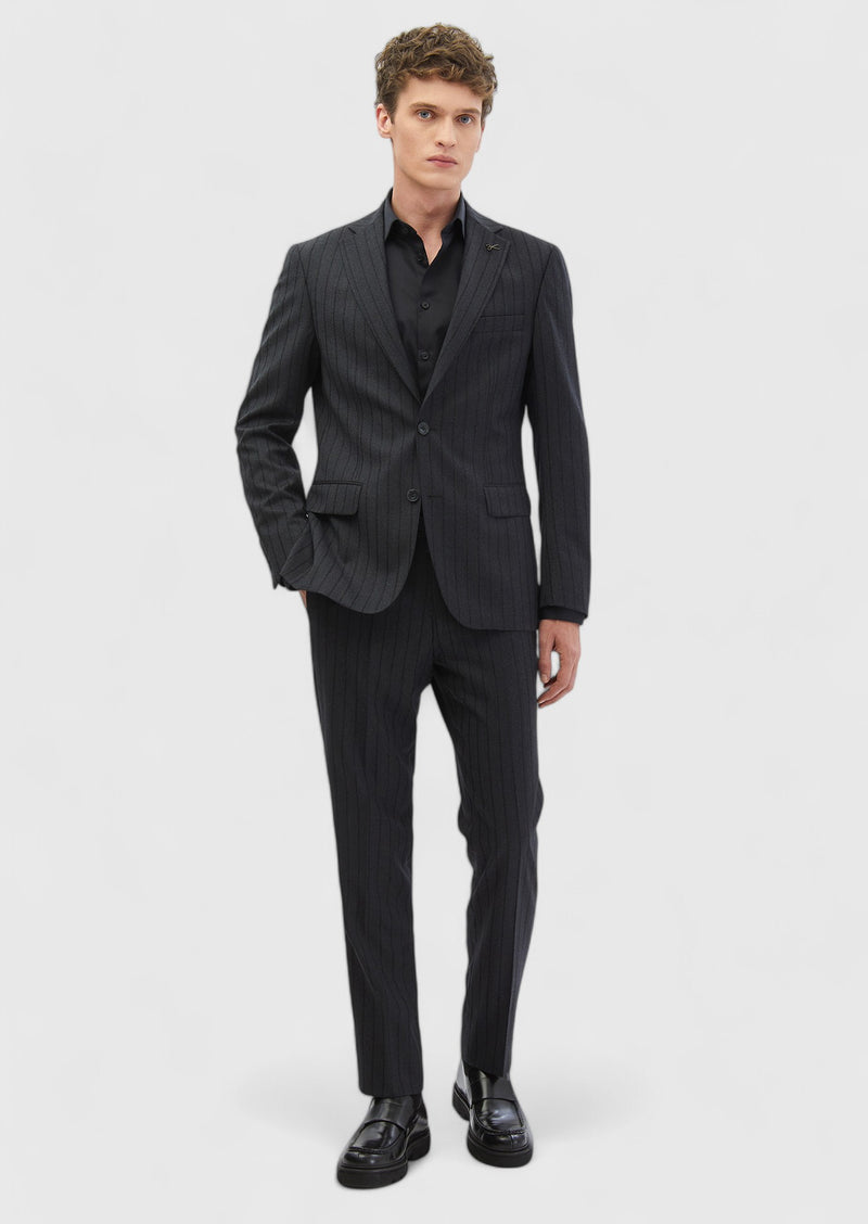 Antrasit Çizgili Zeroweight Slim Fit %100 Yün Takım Elbise