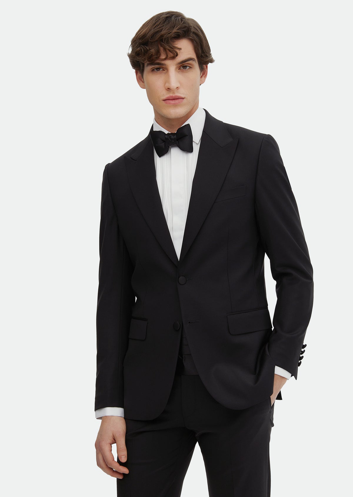Siyah Düz Thin&taller Slim Fit Kruvaze Yaka Dokuma Smokin Takım Elbise