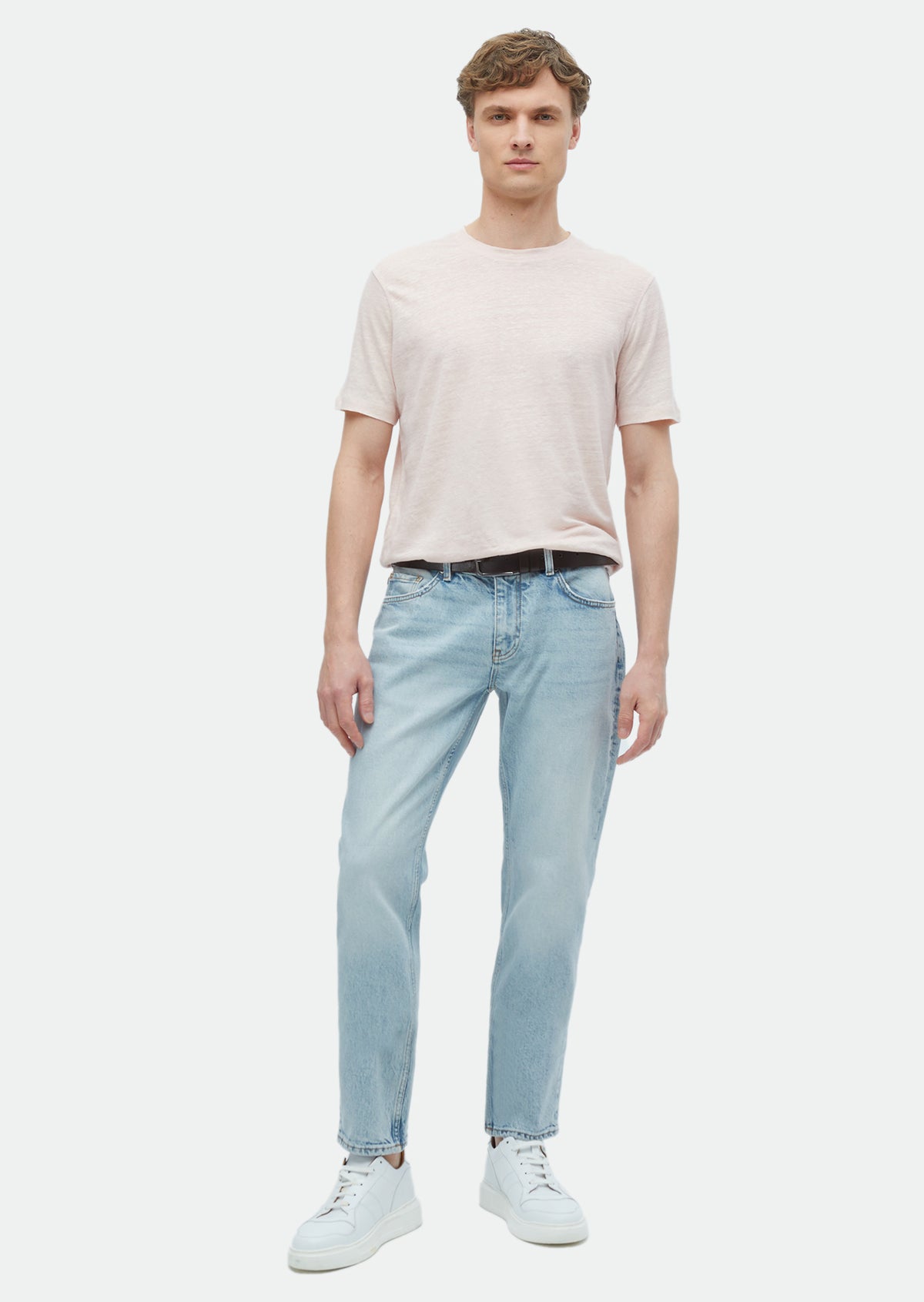 Açık Pembe Düz Bisiklet Yaka %100 Keten T-Shirt