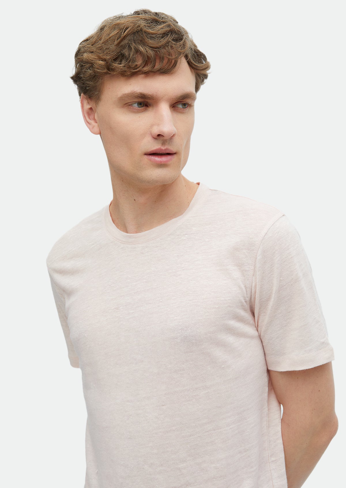 Açık Pembe Düz Bisiklet Yaka %100 Keten T-Shirt