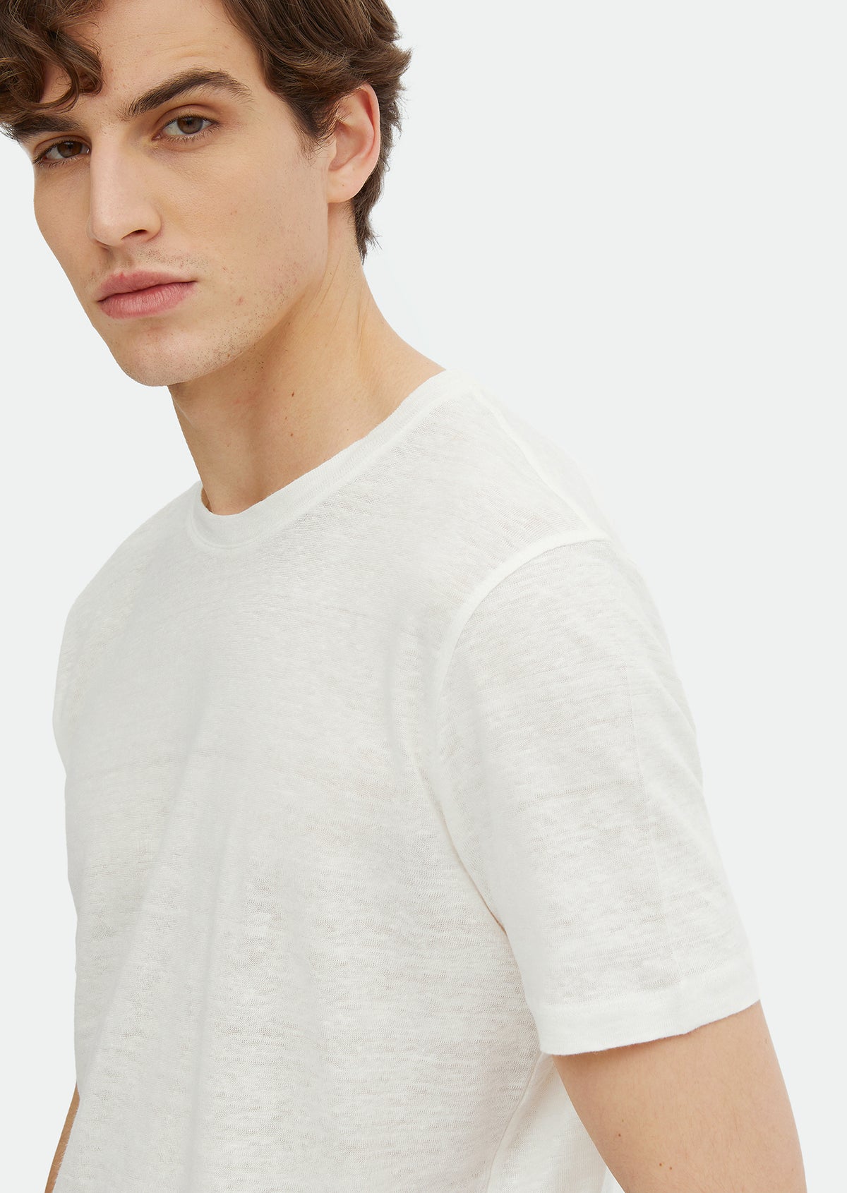 Ekru Düz Bisiklet Yaka %100 Keten T-Shirt