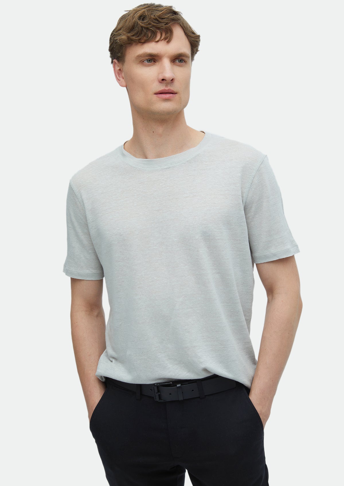 Açık Gri Düz Bisiklet Yaka %100 Keten T-Shirt