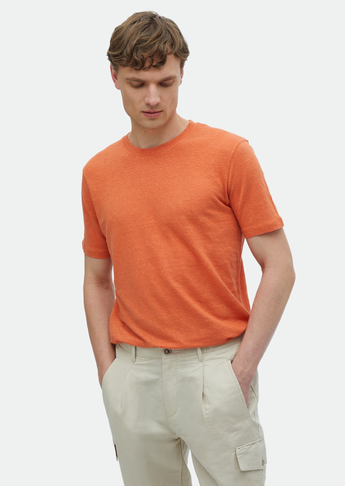 Turuncu Düz Bisiklet Yaka %100 Keten T-Shirt