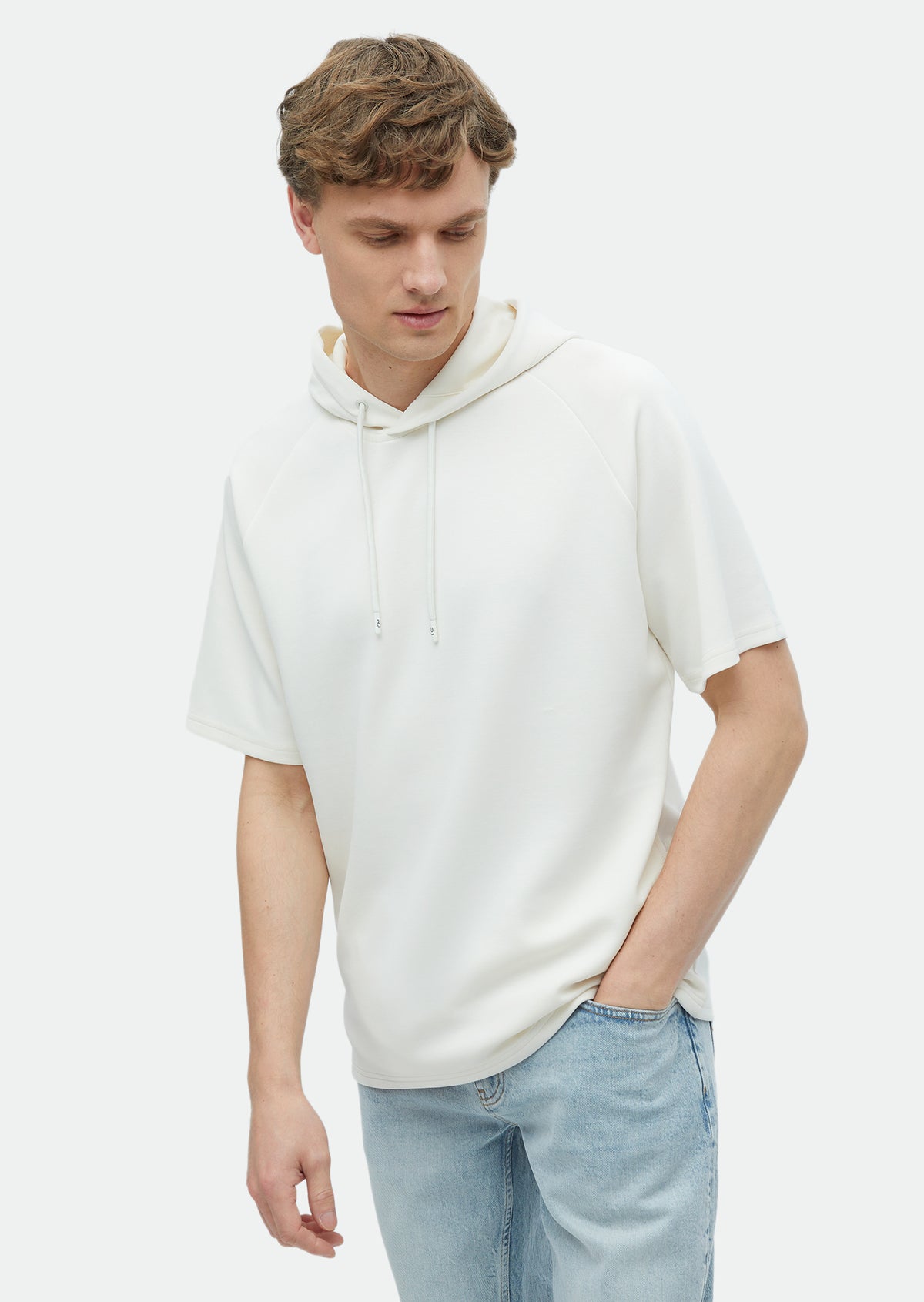 Ekru Kapüşonlu Düz Sweatshirt