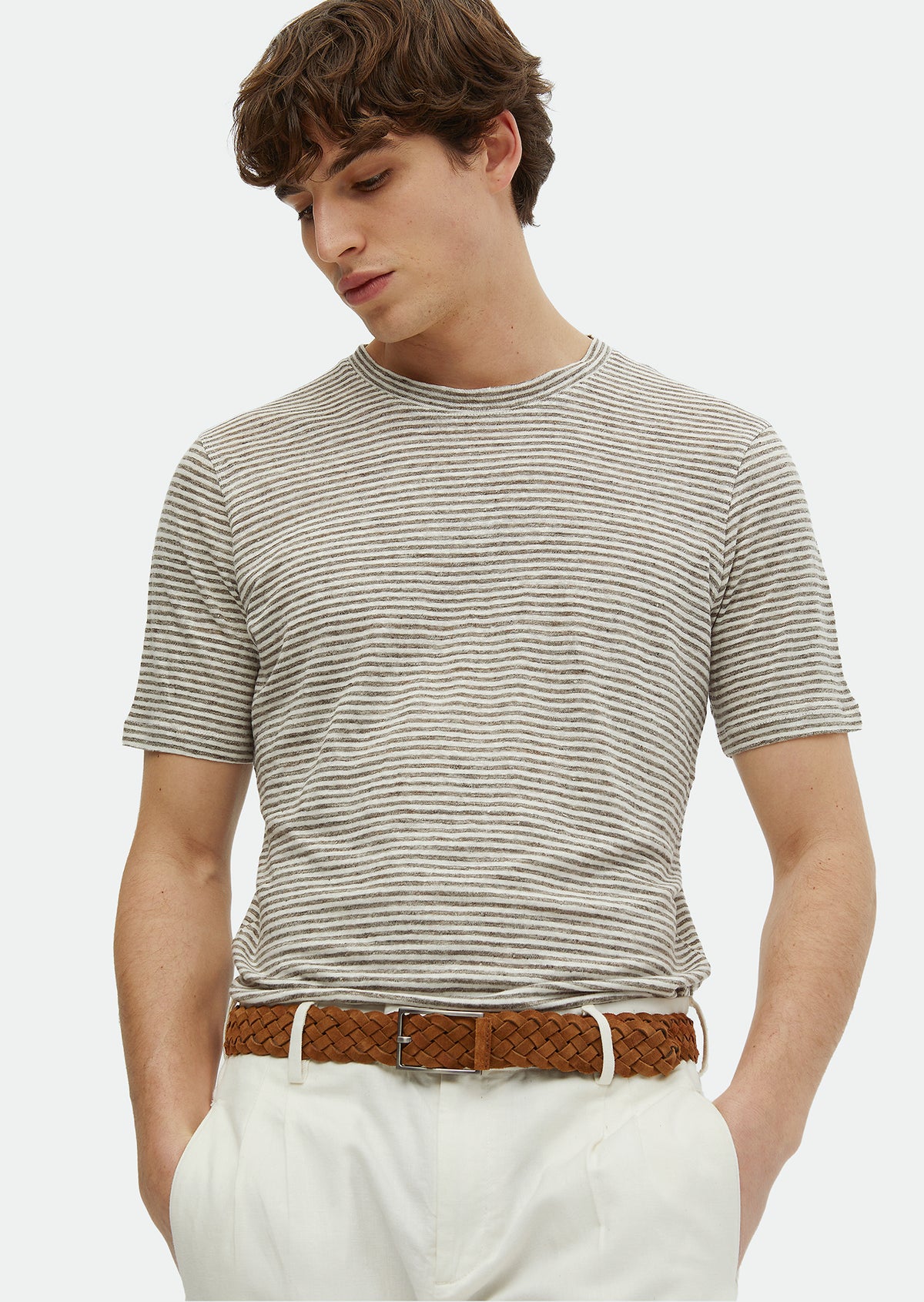 Kahverengi Çizgili Bisiklet Yaka %100 Keten T-Shirt