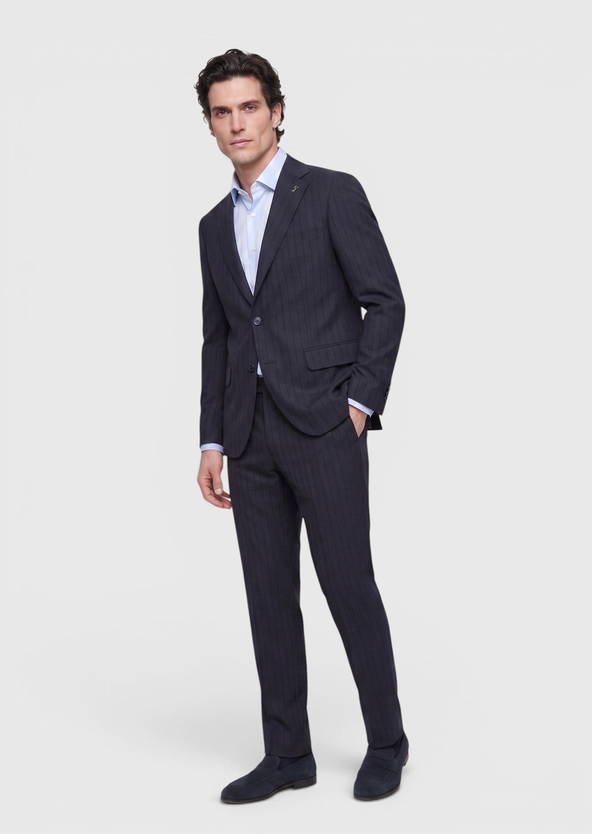 Navy Blue Striped Zeroweight Slim Fit Wool Blended Suit