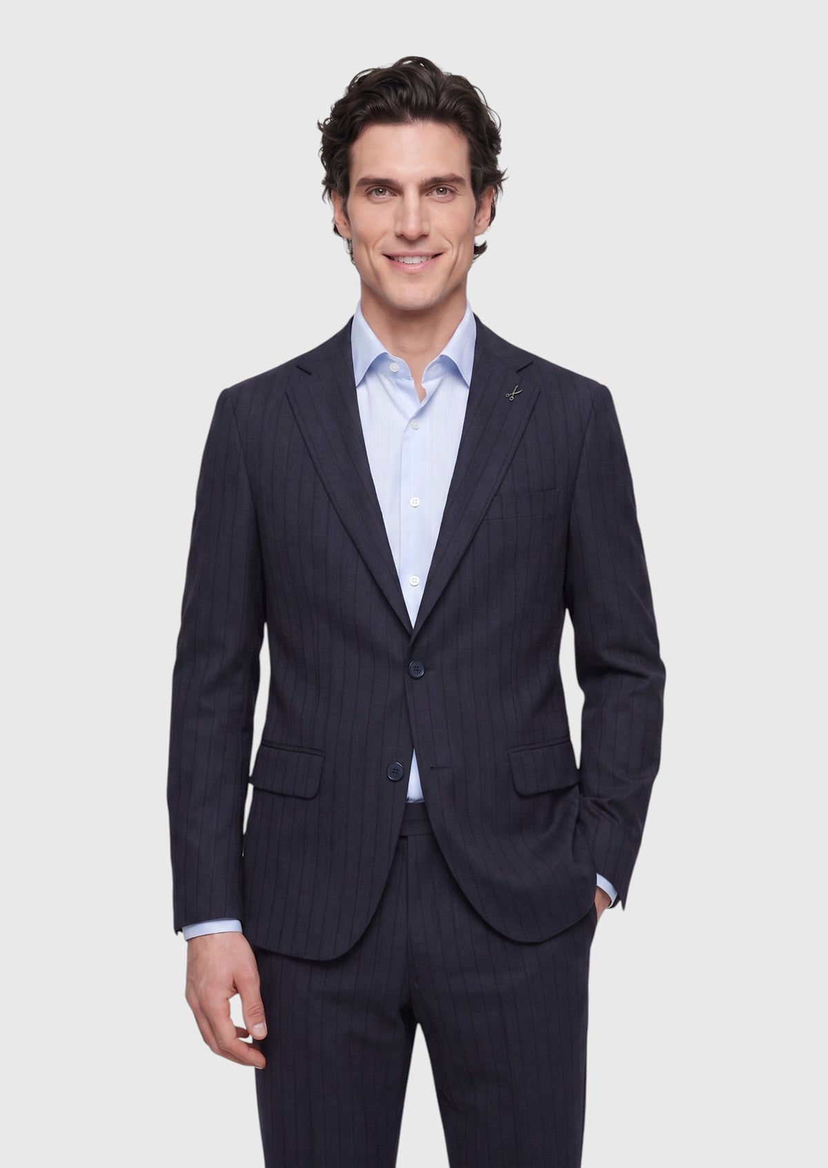 Lacivert Çizgili Zeroweight Slim Fit %100 Yün Takım Elbise