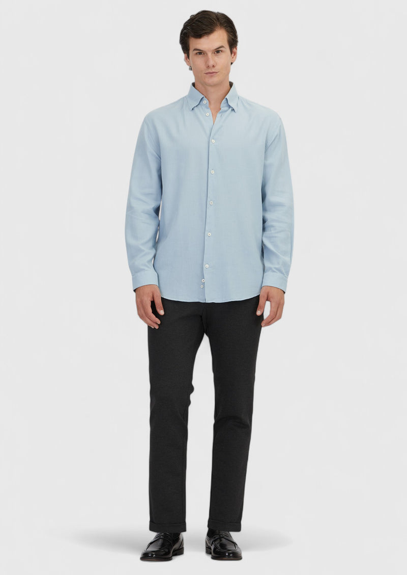 Mavi Düz Loose Fit Uzun Dokuma Casual Yün Karışımlı Gömlek