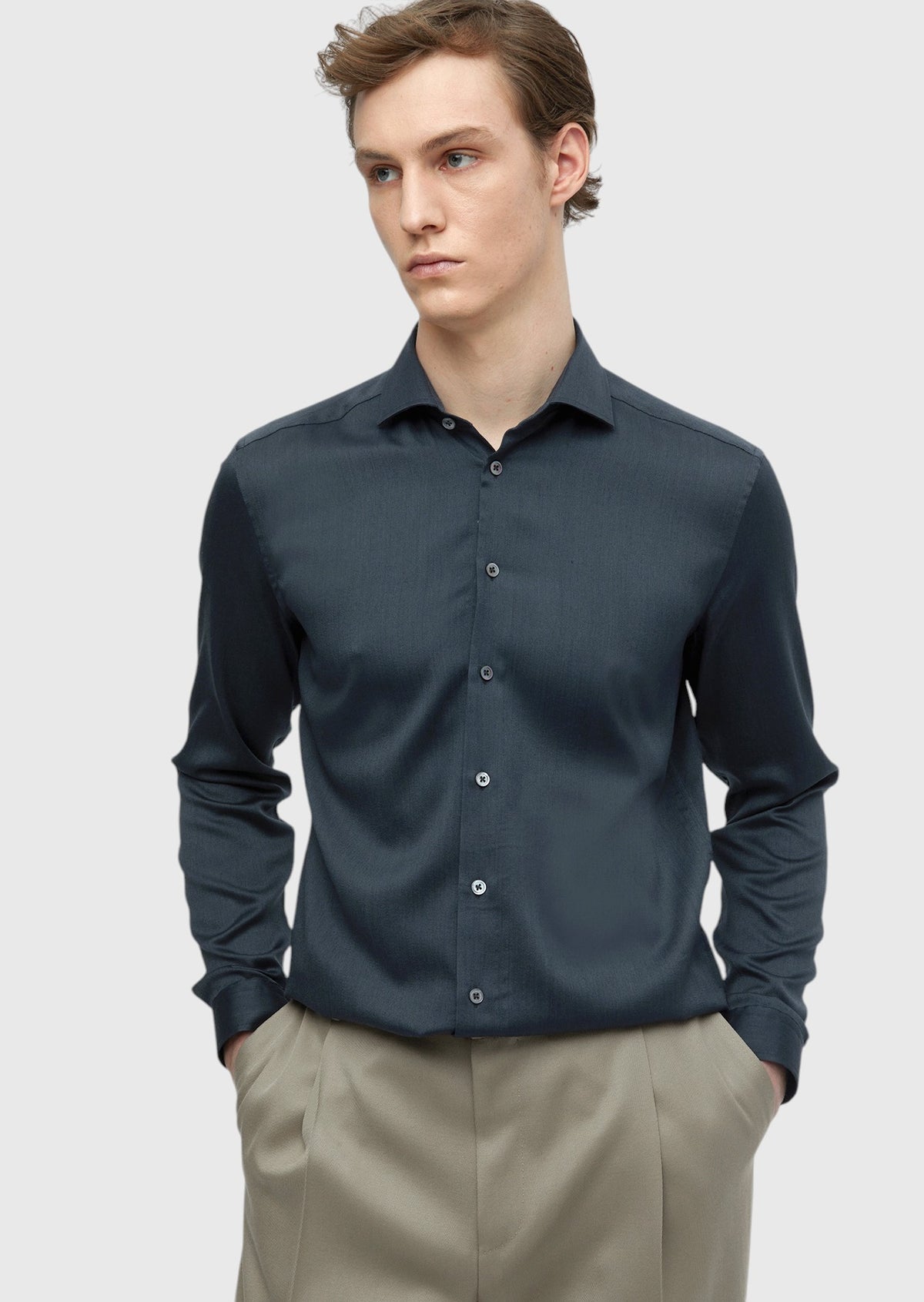 Antrasit Düz Casual Fit Uzun Dokuma Casual İpek Karışımlı Gömlek