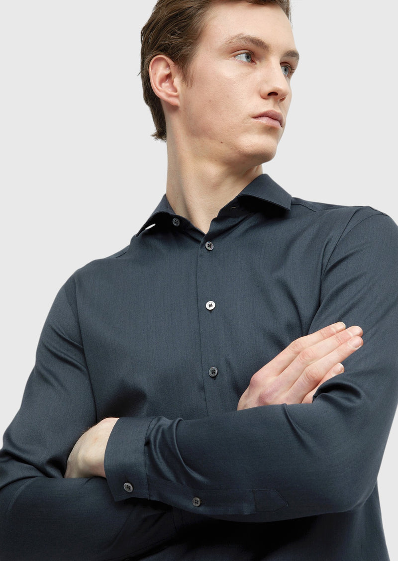 Antrasit Düz Casual Fit Uzun Dokuma Casual İpek Karışımlı Gömlek