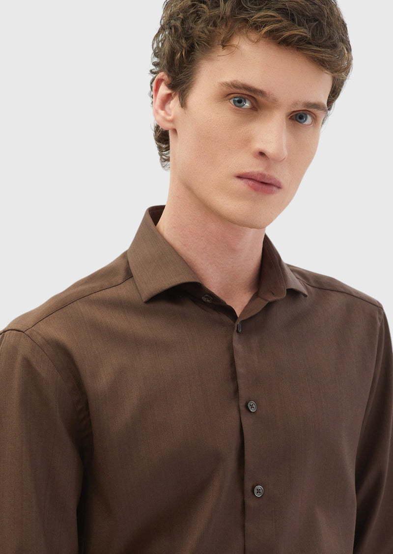 Kahverengi Düz Casual Fit Uzun Dokuma Casual İpek Karışımlı Gömlek