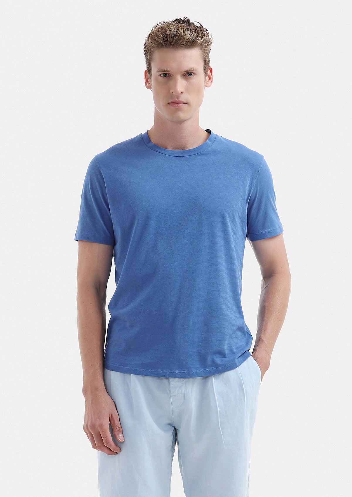 Mavi Düz Bisiklet Yaka %100 Pamuk T-Shirt