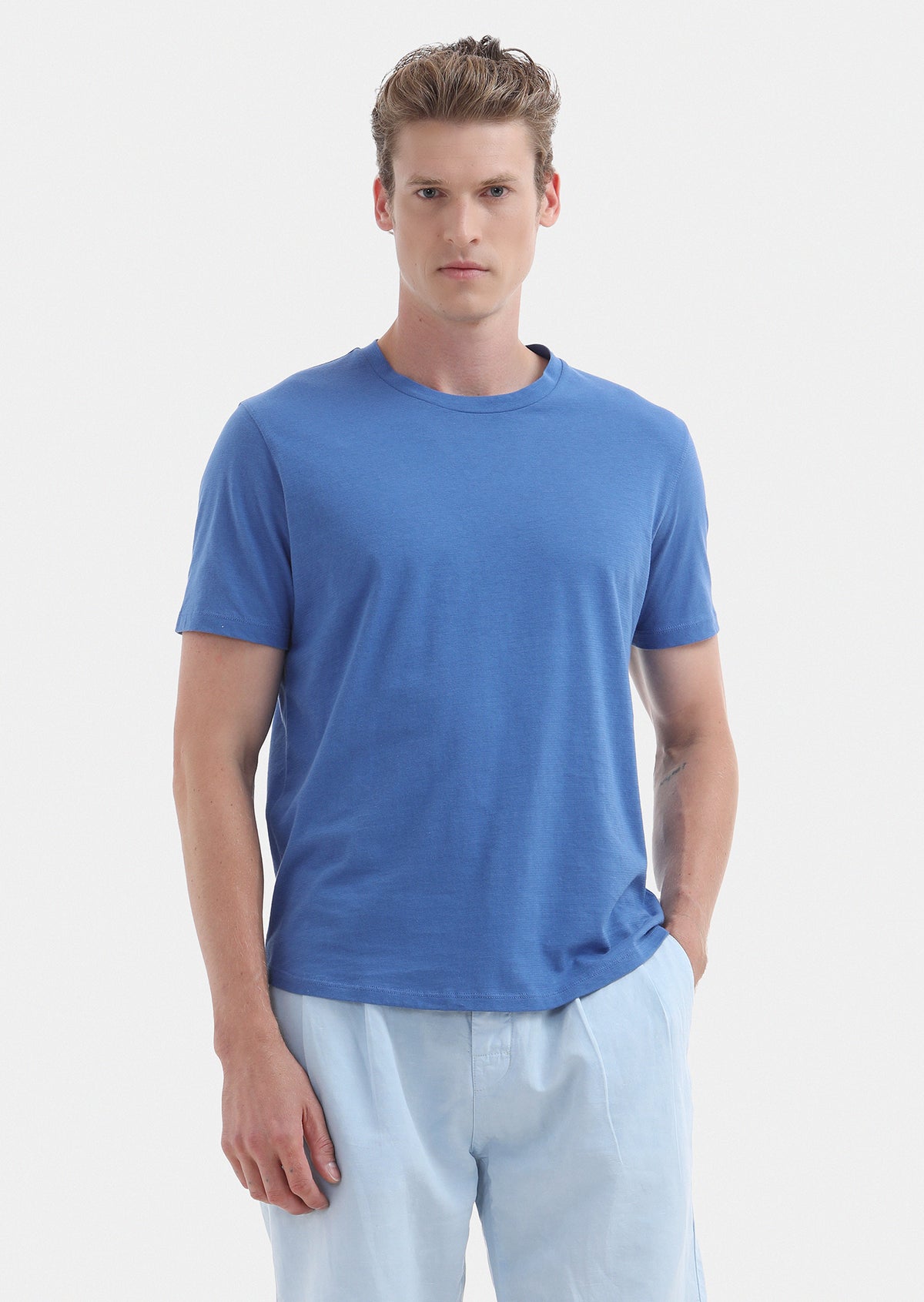 Mavi Düz Bisiklet Yaka %100 Pamuk T-Shirt