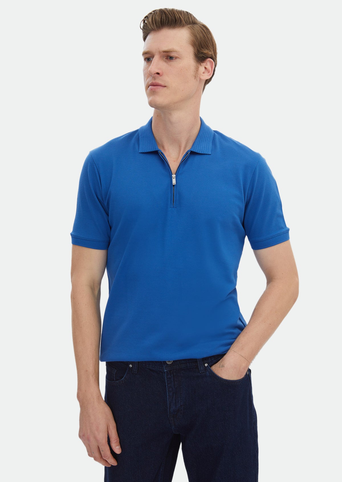 Mavi Düz Polo Yaka %100 Pamuk T-Shirt