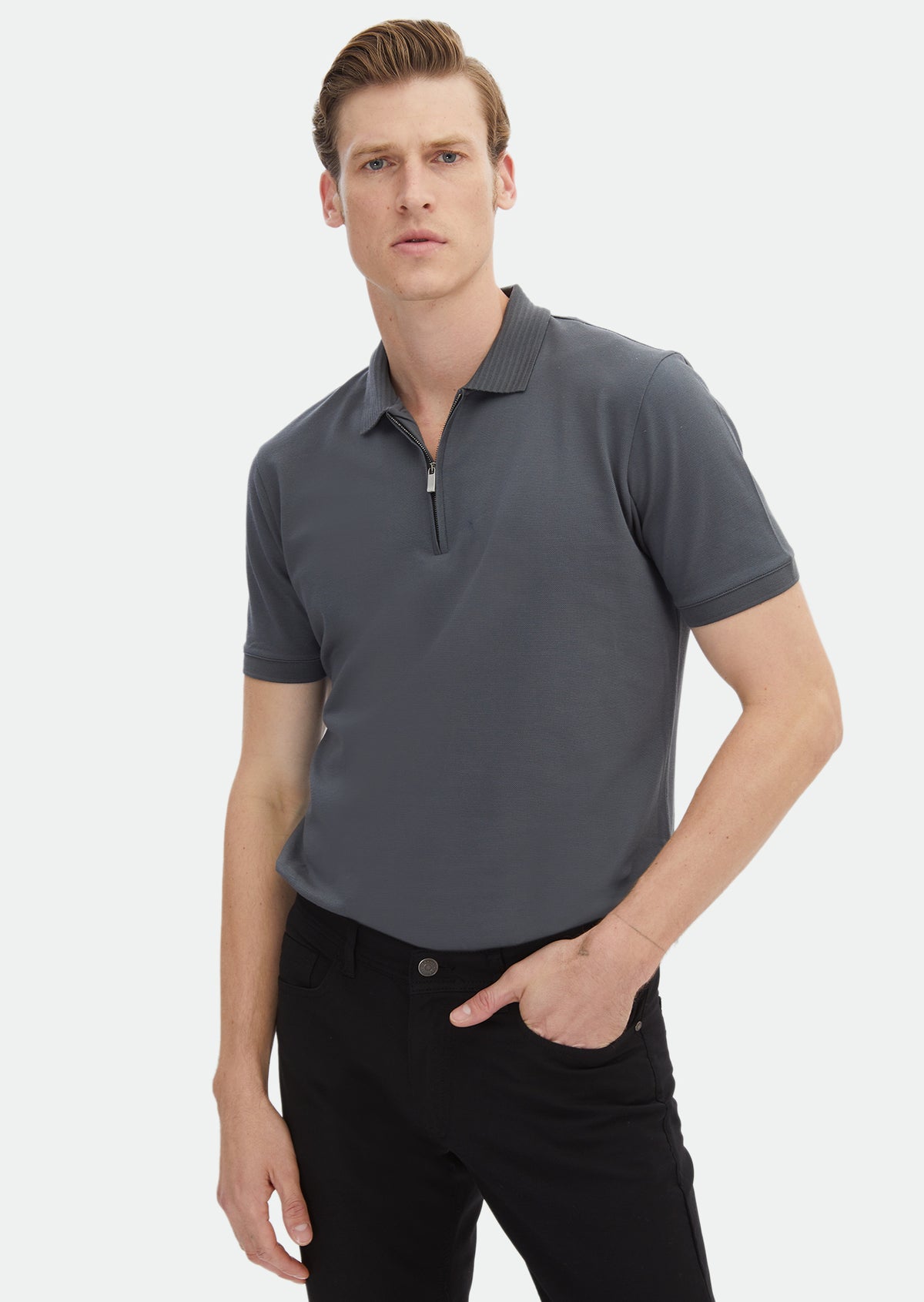 Koyu Gri Düz Polo Yaka %100 Pamuk T-Shirt